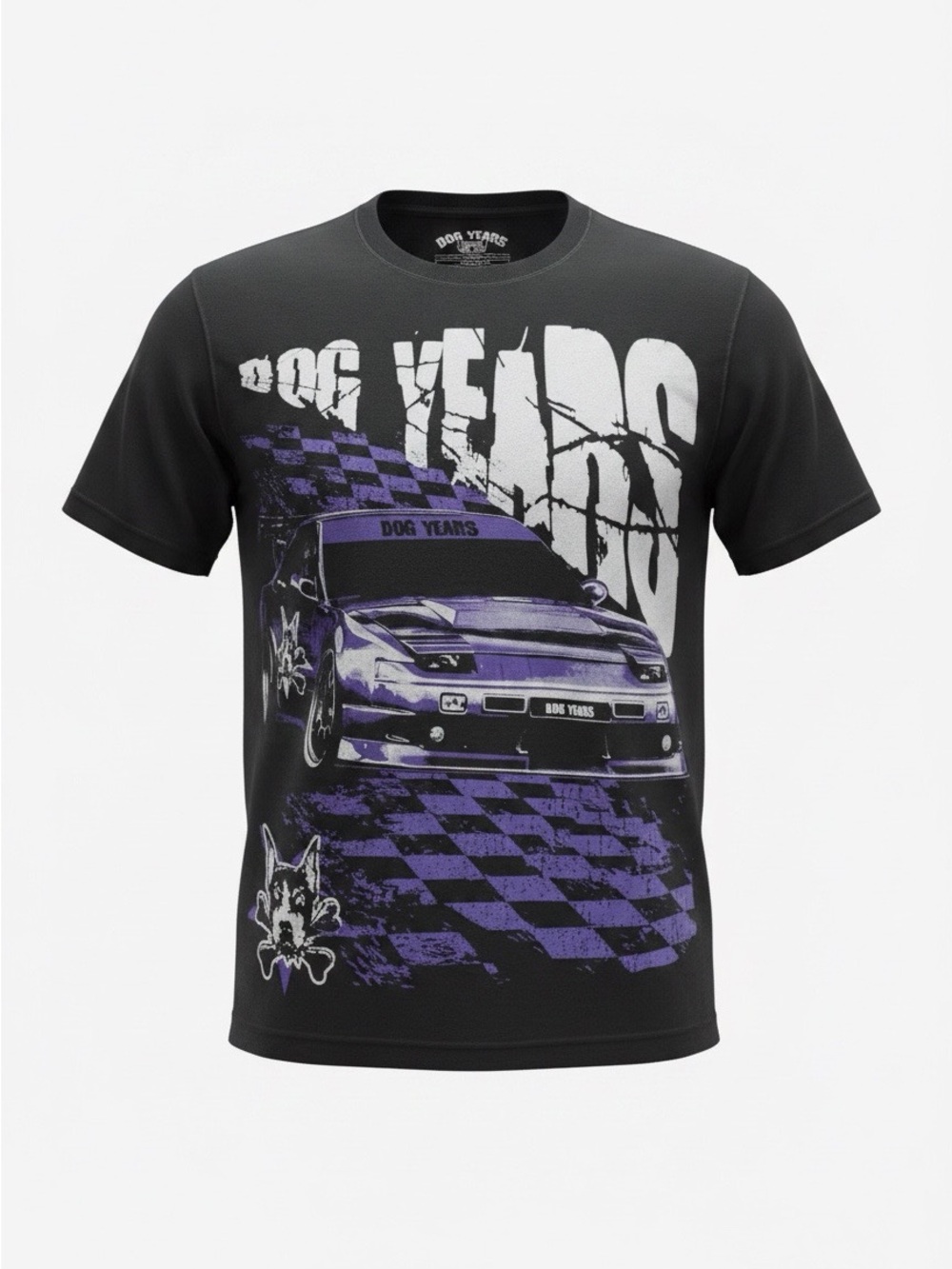 Black Short-Sleeve Graphic Tee with Purple Car Print